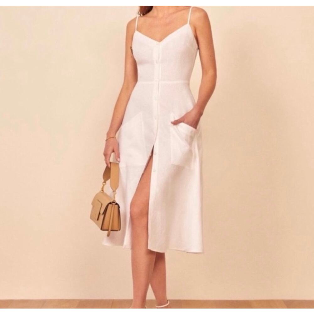 Reformation Parke Dress White Linen Midi Button Front Women’s Size 8 Pockets